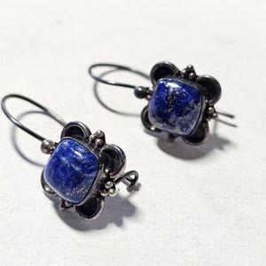 Vintage Sterling Silver Lapis Lazuli Drop Earrings - Blue Floral Design